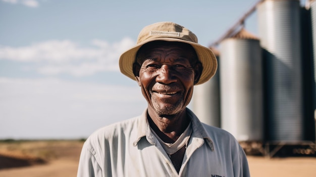 Farmer smiling on a farm Grain silos harvest