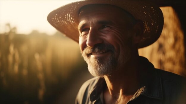 Farmer smiling on a farm Grain silos harvest