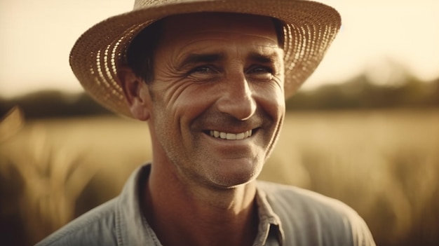 Foto coltivatore sorridente in una fattoria raccolto di silos di grano