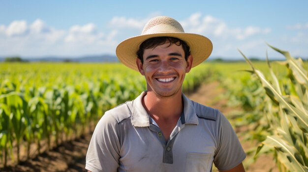 Foto coltivatore sorridente in una fattoria raccolto di silos di grano