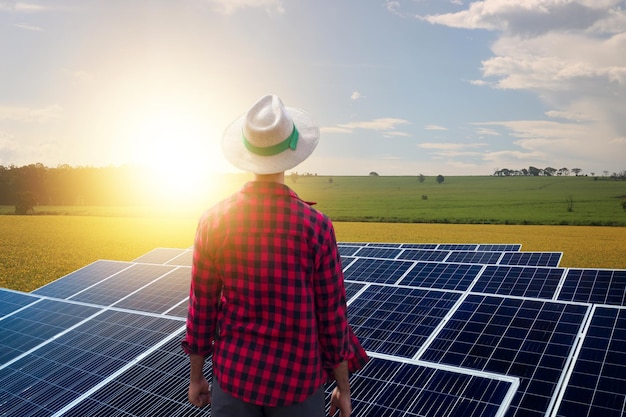 Фермер над фотоэлектрической установкой солнечной энергии Солнечная ферма в Sunset Space для текста