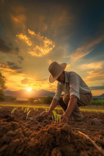 Photo farmer sows vegetable seeds on prepared soil generative ai