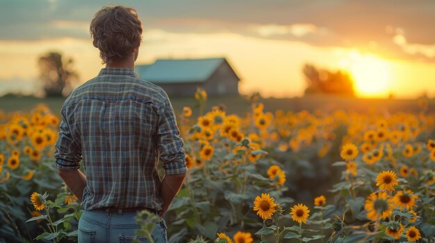 A farmer spends a summer morning working in the garden near a country house