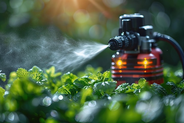 Photo farmer spraying vegetable green plants in the garden with herbicides pesticides or insecticides