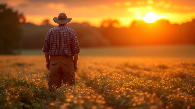 Photo farmer standing at the field at sunset or sunrise