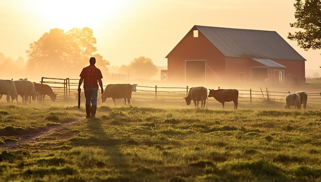 Фермер стоит утром перед своим стадом коров