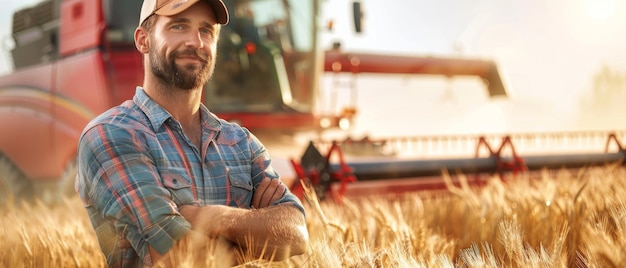 Agricoltore in piedi alla sua combinazione con le mani incrociate sul petto agronomo che guarda la telecamera ranchere che lavora sulla paglia del campo di grano raccolto