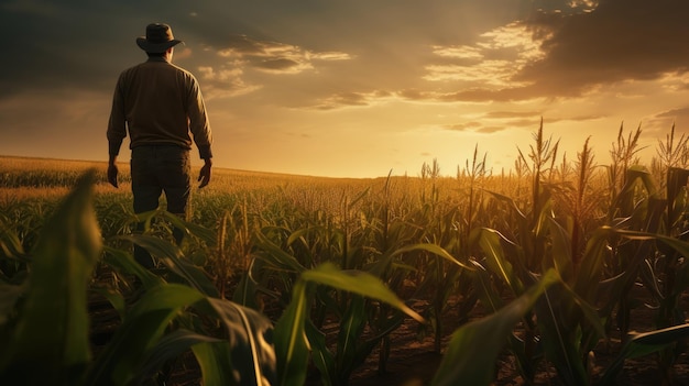 Farmer standing in his cornfield at sunset Corn field in sunlight and silhouette of a farmer