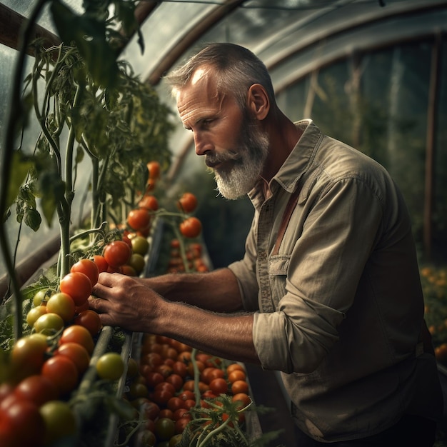 Фермер стоит рядом с растениями томатов в теплице Генеративный ИИ