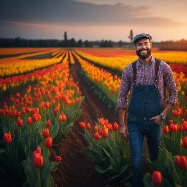 Фермер стоит на поле цветущих тюльпанов в джинсах-солопете улыбается иллюстрация