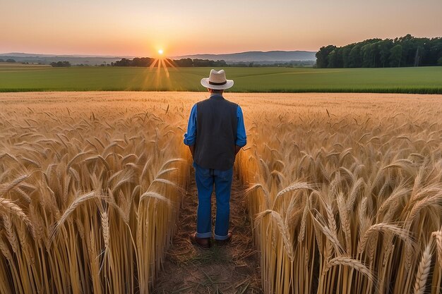 A farmer stands in a field of wheat at sunset