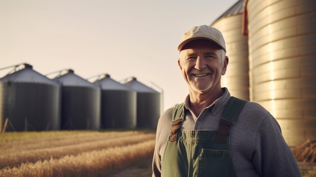 A farmer stands in a field with silos in the background