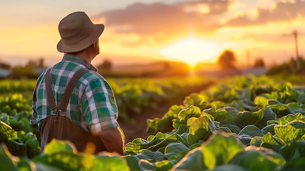 A farmer stands in a lush green field of cabbages wearing a hat and overalls He looks out over the field surveying his crop