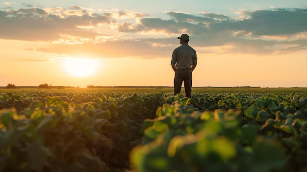 農夫が茂った大豆の畑に立って夕暮れを見ている彼は帽子とジーンズをかぶっており手は臀部に握っている