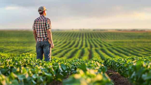 Foto un contadino in piedi in un campo di soia verde lussureggiante indossa una camicia a quadri e jeans