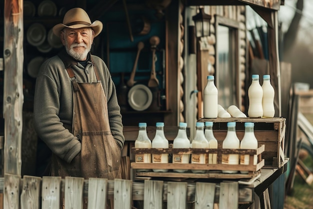 Photo farmer stands proudly beside crates of fresh milk bottles displayed on a wooden stand outside his qu