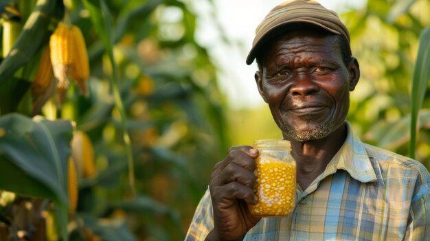 A farmer stands proudly next to his crop of maize which is being processed into biofuel at a nearby