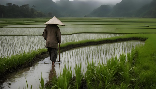 農夫が竹の帽子をかぶった人と米畑に立っている