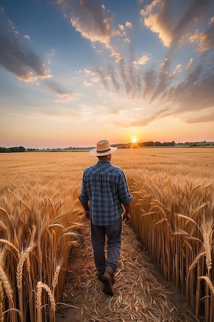 A farmer stands in a wheat field at sunset