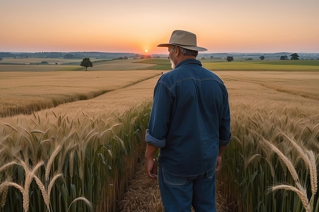 Фермер стоит на пшеничном поле при заходе солнца