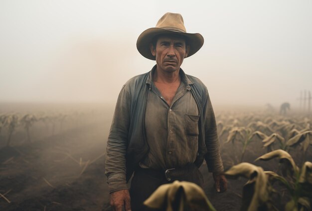 Photo a farmer stood in the middle of barren land braving the dust storm that hit him