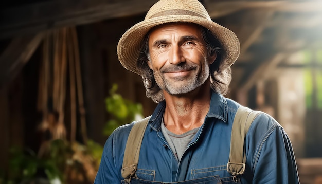 Foto agricoltore in cappello di paglia in pensione
