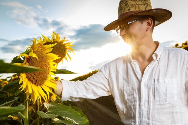Farmer in a straw hat wearing glasses inspecting sunflower field. Agriculture production concept