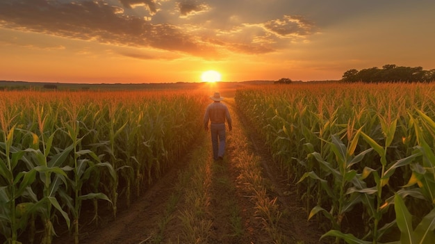 夕暮れ時にトウモロコシ畑の間を散歩する農家 GENERATE AI