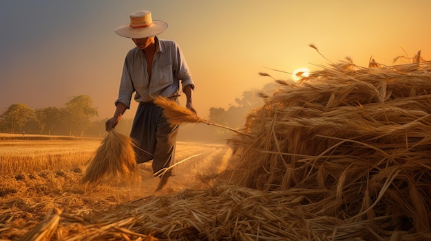 A Farmer Sweeping Hay in the Field at Sunset A Peaceful Scene of Rural Life