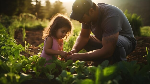 A farmer teaching children about agriculture working together in a sunlit field