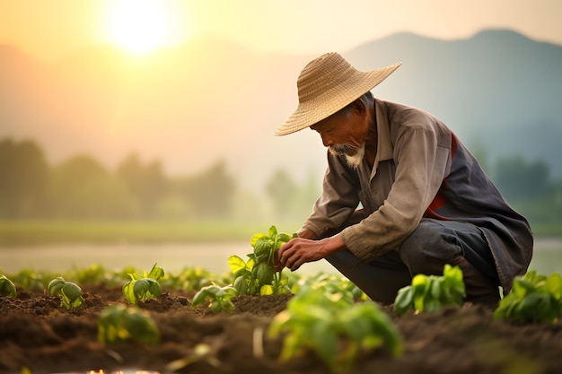 A farmer tending to crops in a field embodying the hard work and dedication of agricultural workers