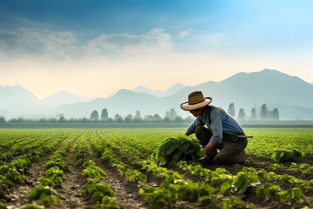 A farmer tending to crops in a field embodying the hard work and dedication of agricultural workers