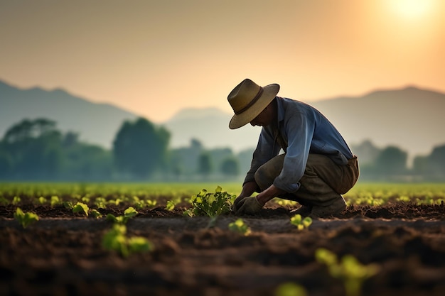 A farmer tending to crops in a field embodying the hard work and dedication of agricultural workers