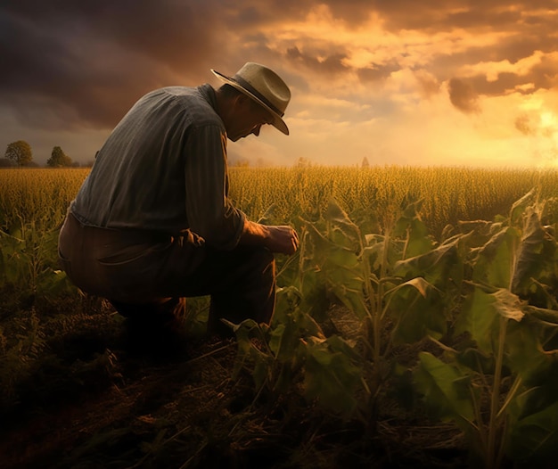 A farmer tending to crops