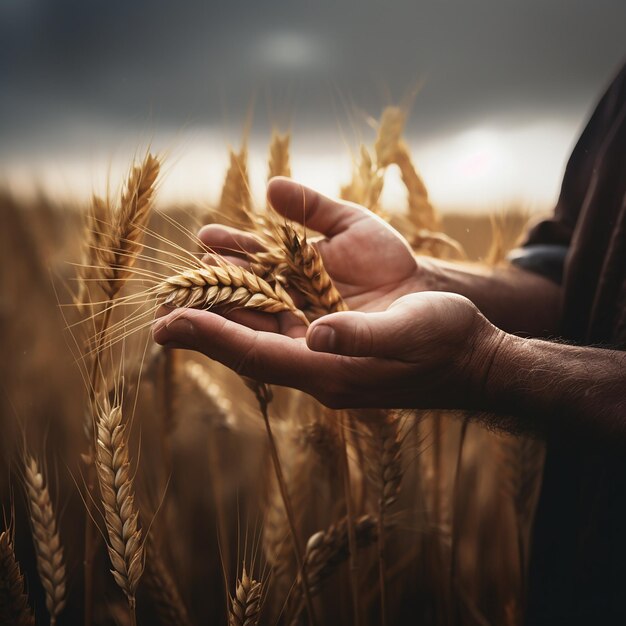 Фермер касается пшеницы ладонями