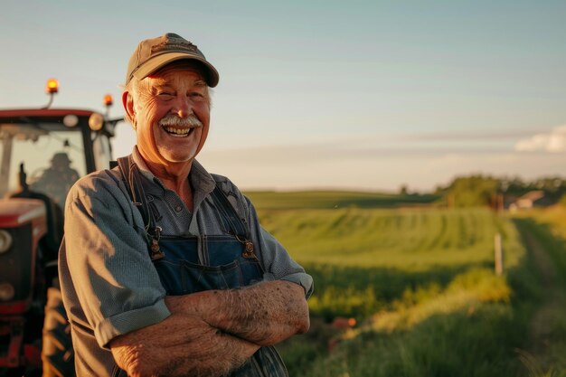 Foto agricoltore, conducente di trattore, trattore di raccolta