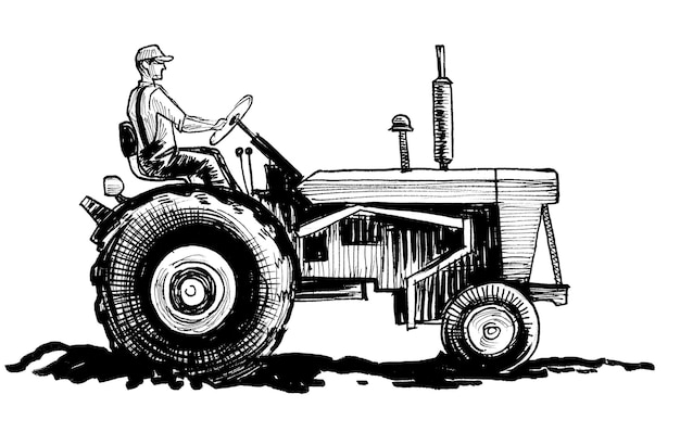 farmer on tractor ink black and white drawing