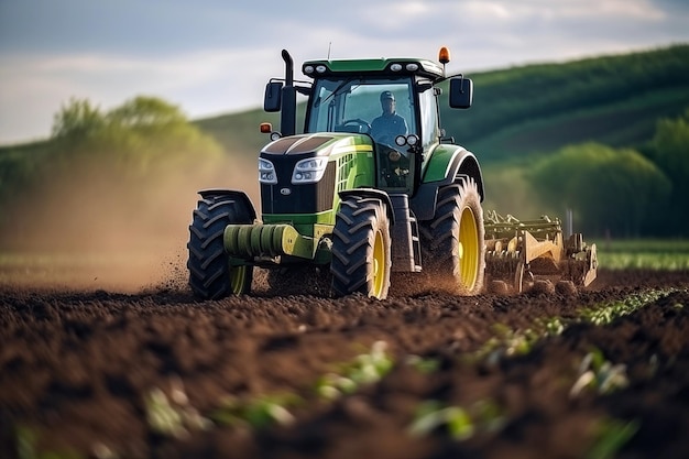 Foto agricoltore in trattore che prepara il terreno con il coltivatore a letto di semina al foco selettivo primaverile