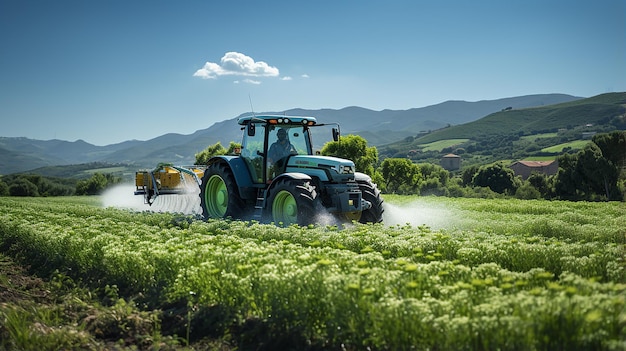 Farmer on a tractor with a sprayer makes fertilizer for young vegetables