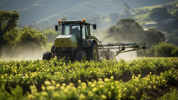 Farmer on a tractor with a sprayer makes fertilizer for young vegetables