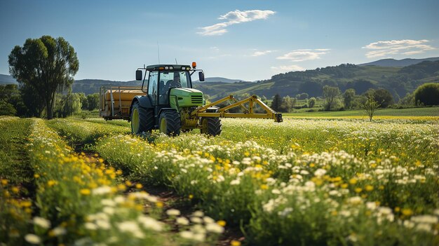 Photo farmer on a tractor with a sprayer makes fertilizer for young vegetables