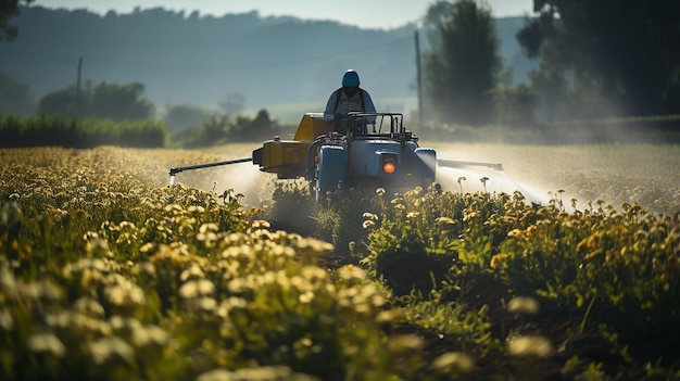 Foto un contadino su un trattore con uno spruzzatore fa fertilizzante per le verdure giovani