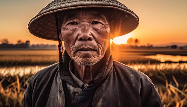 人工知能が生成した夕日を見て微笑む伝統的な衣装を着た農家