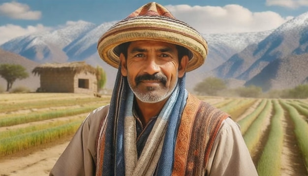 A farmer in traditional clothing works outdoors in a rural scene