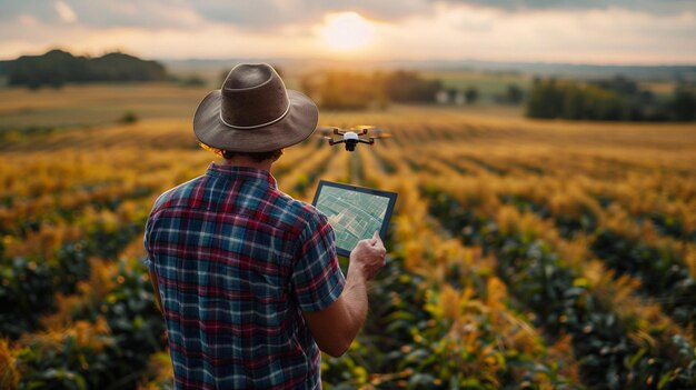 Фото Фермер использует дрон для обследования полей