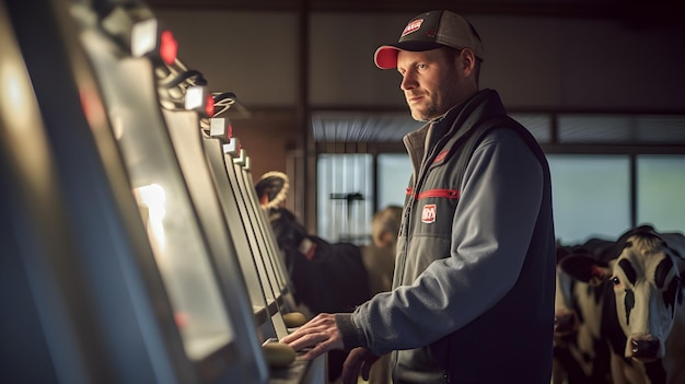 Farmer using a robotic milking system for dairy cows