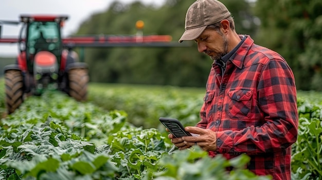 스마트폰 앱을 사용하는 농부 배경 모니터링