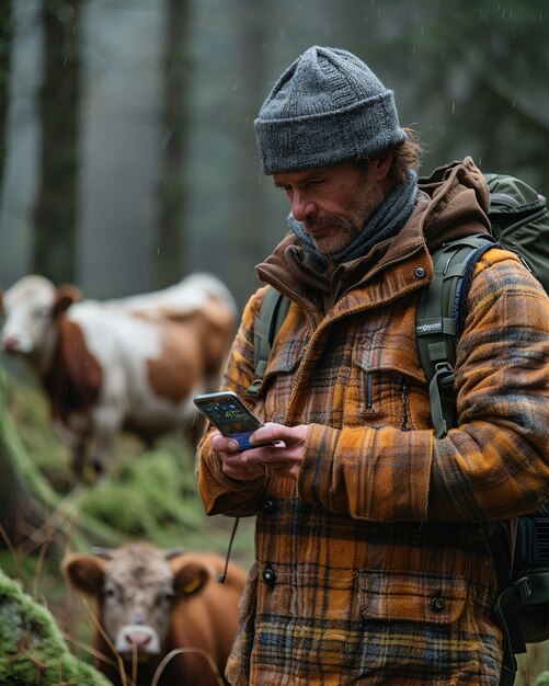 Farmer Using A Smartphone App Monitor Wallpaper