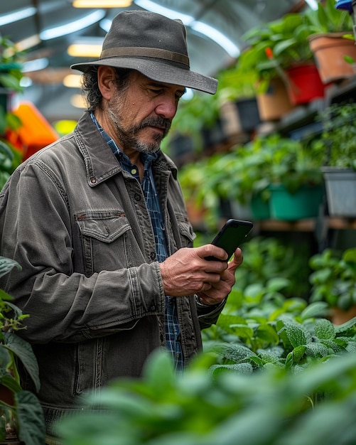 Фермер использует приложение для смартфона дистанционно на заднем плане