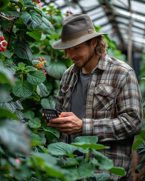 Farmer Using A Smartphone App Remotely Wallpaper